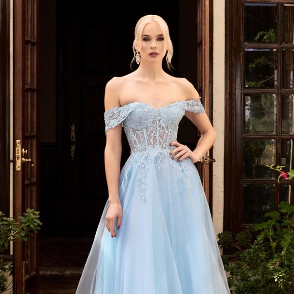 Cindy Collection 50499 Off the Shoulder Slit Leg Lace Dress